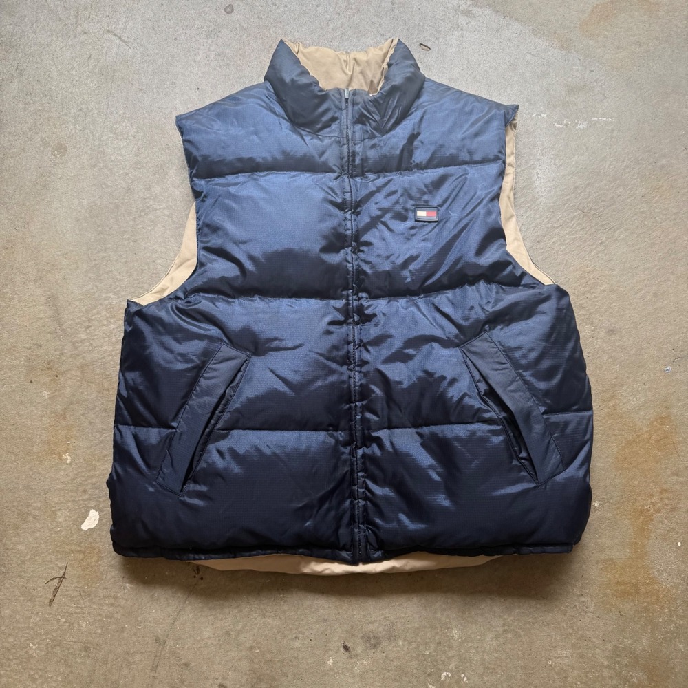 Tommy Hilfiger Reversible Puffer Vest Mens XL Navy Blue Tan Khaki Full Zip